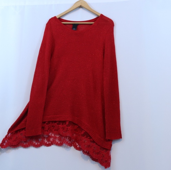 new directions Sweaters - New Directions Red Knit Lurex Lace Hem Sweater